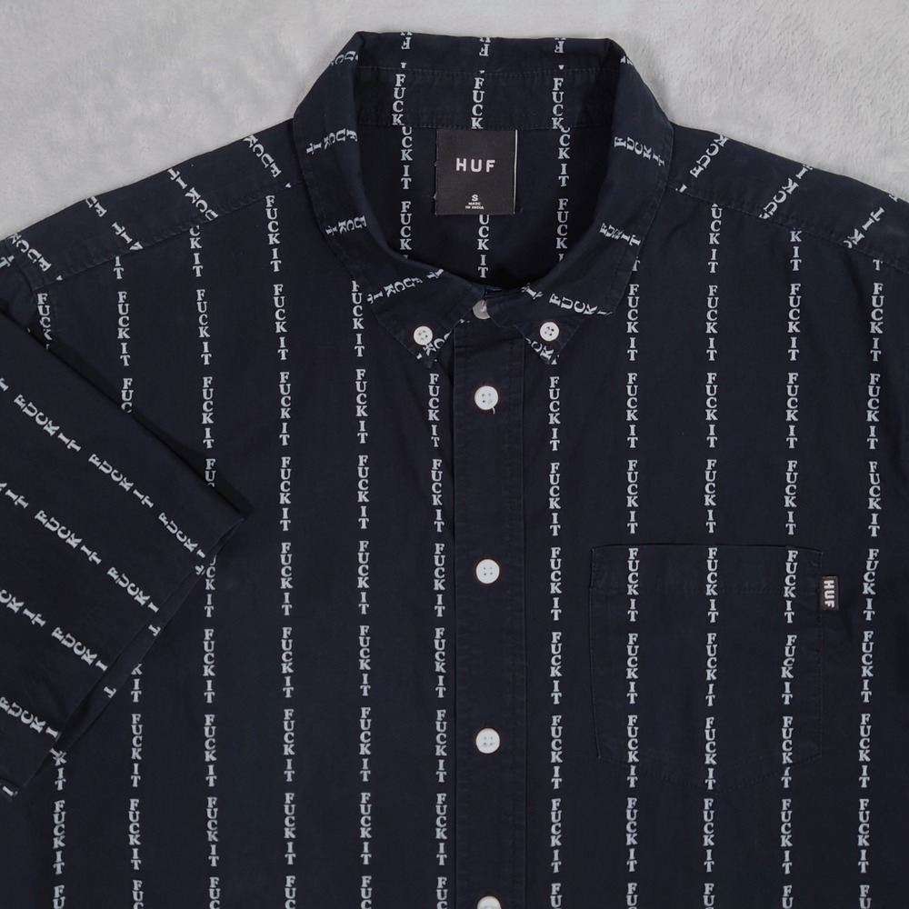 HUF Worldwide F It Shirt Mens S Button Up Short Sleeve Casual Black F-it AOP
